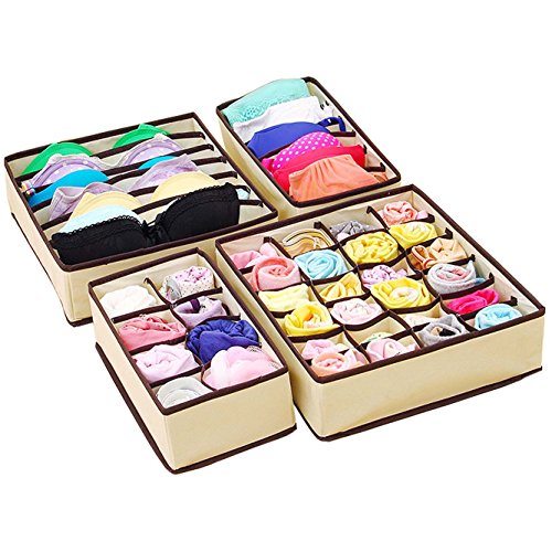 Metuu Foldable Clothing Drawer Organizer Underwear Organizer Drawer Divider Kit 4 Set for Underwear Bras, Socks, Neck ties and Scarves, Beige