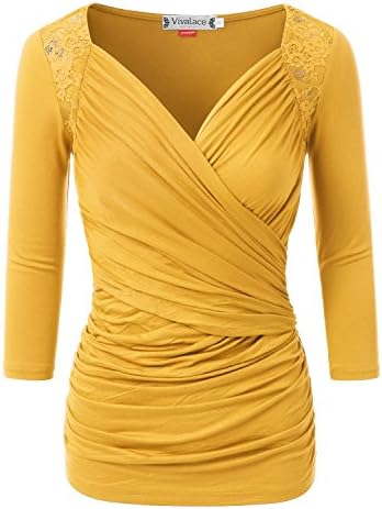 VIVALACE Womens 3/4 Sleeve Wrap Front Loose fit Lace Top Mustard, X-Large