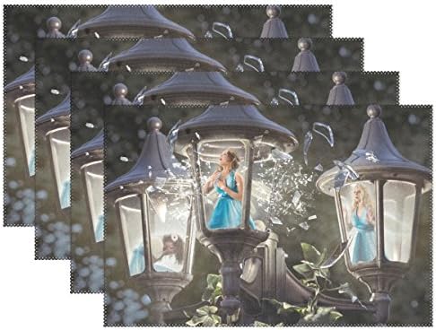 Ethel Ernest Broken Lantern Singing Fairies Heat-resistant Placemats, Polyester Tablemat Place Mat for Kitchen Dining Room Set of 4