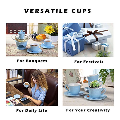 Porcelain Coffee Cups and Saucers Set- 7 OZ Embossed Flower Coffee Cups Set of 4-Blue Tea Cup Sets with Golden Edge Coffee Cups for Mocha Cappuccino