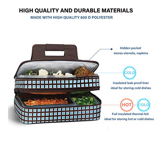 Picnic Plus 18" Casserole Carrier 2 Level Thermal Insulated Hot and Cold Food Carrier Double Layer Food Carrier Bag Potluck Carrier With Bonus Containers (Blue Oyster)