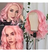 Maycaur Women's Short Bob Pink Wig Curly Wavy Shoulder Length Pastel Bob Synthetic Lace Front Cos...