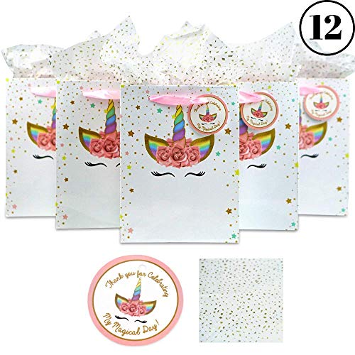 Unicorn Party Favor Bags - Set of 12 - Cute Pastel Ribbon Handles Thank You Tags & Gold Sparkle Tissue Paper | For Kids Rainbow Birthday Party - Fill Paper Bags with Treats, Candy, Supplies and Gifts