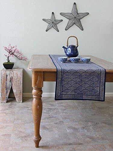 Saffron Marigold Pacific Blue ~ Rustic Navy Blue Ocean Oriental Asian Table Runner 18x120
