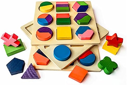 Mideand Wooden Preschool Shape Jigsaw Puzzle for Toddlers Chunky Geometric Puzzle Educational Blocks Sorting Game Early Development Toys Learning Math Shapes &amp; Color Recognition Toy, 1 Set of 3