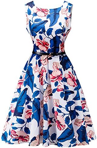Omnfas Women's Boatneck Sleeveless Vintage Fit and Flare Rockabilly Floral Dress