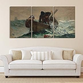 3 Panel World Famous Painting Reproduction on Canvas Wall Art - The Herring Net by Winslow Homer - Modern Home Art Ready to Hang - 16"x24" x 3 Panels