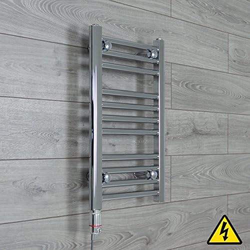companyblue 350mm Wide Chrome Thermostatic Electric Heated Pre-Filled Towel Rail Radiator Flat Ladder for Stylish Bathroom (600 x 350 mm)