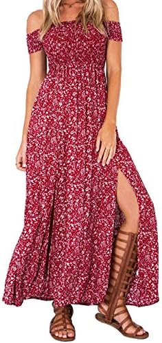 Floral Dresses for Women - YAMISR Women Summer Floral Boho Off Shoulder Slit Split Long Beach Dress Maxi Dress (L, Red)