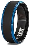 Duke Collections Mens Wedding Band Two Tone Brushed Black Tungsten Ring 8mm Blue Step Edge Comfort Fit