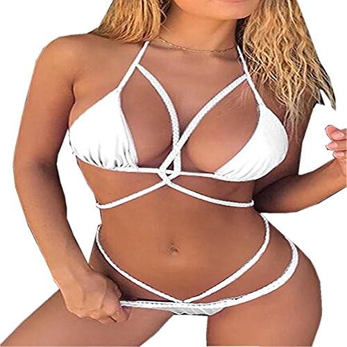 VOGUISH MM Women's 2 Pcs Halter Braid Strappy Bandage Bikini Set Swimsuit Swimwear WhiteLarge