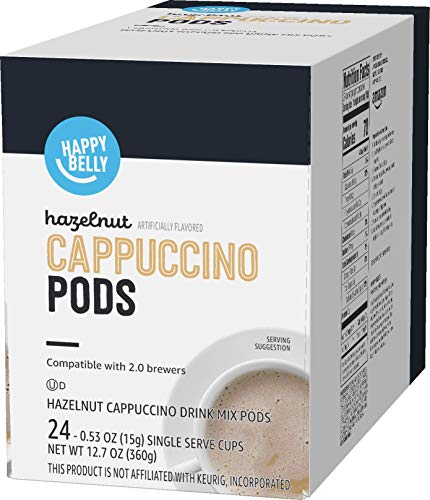 HAPPY BELLY LIGHT ROAST CAPPUCCINO COFFEE PODS, HAZELNUT FLAVORED, COMPATIBLE WITH K-CUP BREWERS, 24 COUNT