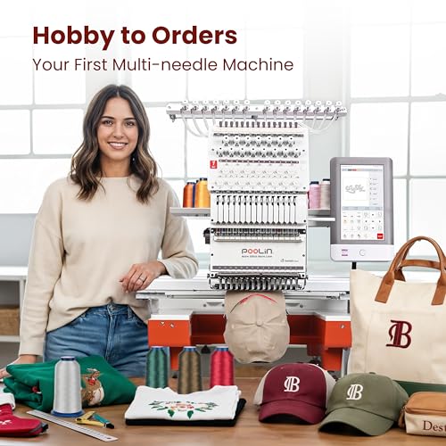 POOLIN Multi Needles Commercial Embroidery Machine with Auto Color Change, 13.8x19.7 Inch Embroidery Area, WiFi Transfer, Includes All Accessories for Hats, T-Shirts & Hoodies