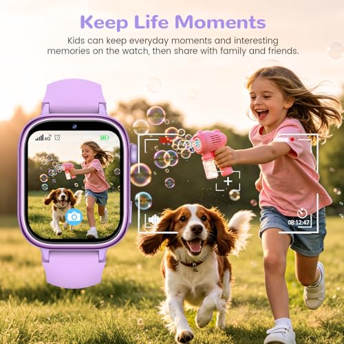 4G Smart Watch Children with GPS and Video Calling, Smartwatch Children with Calls, Voice Chat, SOS, School Mode, IP68 Waterproof, Pedometer, Alarm Clock, Camera, Gift Girls and Boys 4-15 Purple