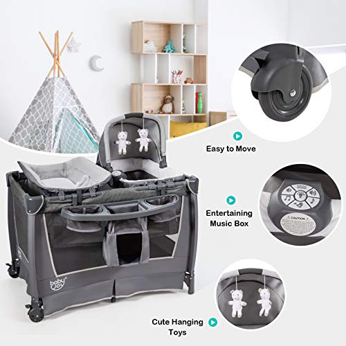 CIESMSI Baby Bedside Bassinet W/Changing Table , 5-in-1 Portable Playard Nursery Center Newborn