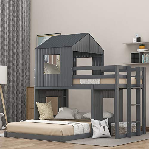 Harper & Bright Designs House Bed Bunk Beds Twin Over Full Size, Wood