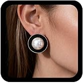 Allereyae Boho Pearl Black Enamel Earrings Big Round Pearl Stud Earrings Black White Pearls Earring Round Statement Earring Exaggerated Button Stud Wedding Bridal Jewelry for Women