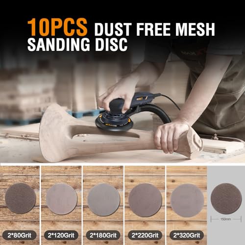 MAXXT 5mm Brushless Eccentric Sander | 350W EC Motor | 150mm & 125mm Dual Plate | 4000-10000rpm | Molded Case | With 20 Sanding Papers for Woodworking & Polishing