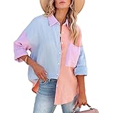 chouyatou Women's Color Block Long Sleeve Button Down Boyfriend Shirt Blouses