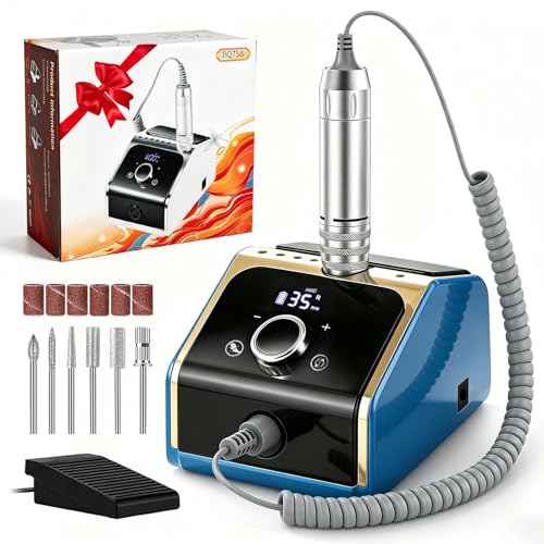 CozyZen Professional Electric Nail Drill Machine, 35000RPM with LCD Display, Manual/Pedal Control and Quiet Operation, for Acrylic/Gel Nails - Home & Salon Use (Blue)