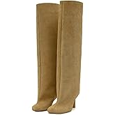 Wnshonzy Knee High Boots for Women Faux Suede Wide Calf Square Toe Tall Stiletto Kitten High Heels Thigh Long Fall Boot Pull on Fashion Casual Cute Y2K