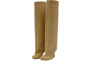 Wnshonzy Knee High Boots for Women Faux Suede Wide Calf Square Toe Tall Stiletto Kitten High Heels Thigh Long Fall Boot Pull on Fashion Casual Cute Y2K