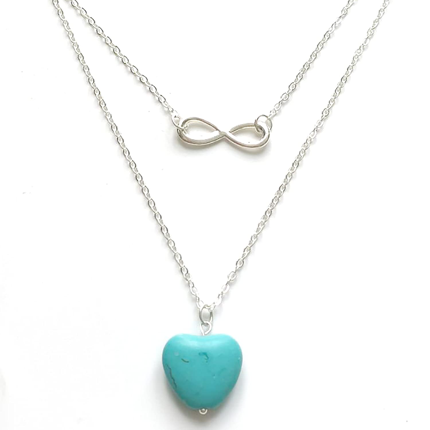 Turquoise Heart Infinity Pendant Necklace Boho Layered Lucky 8 Chain Western Costume Jewelry for Women Girls (Silver)