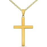 Jewelry America 14k Solid Gold Plain and Simple Religious Cross Pendant Necklace with Figaro Chain