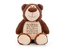 Personalized Brown Bear Plush with Birth Stats – Custom Embroidered Stuffed Animal, Baby Keepsake, Newborn Gift