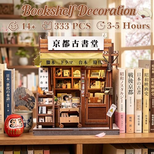 CUTEBEE Book Nook Kit – Casa de Muñecas para Adultos, Tienda de Estilo Japonés Delicada, Casa en Miniatura DIY con Luz LED, Decoración para Estantería, Regalo (Antique bookery of Kyoto)