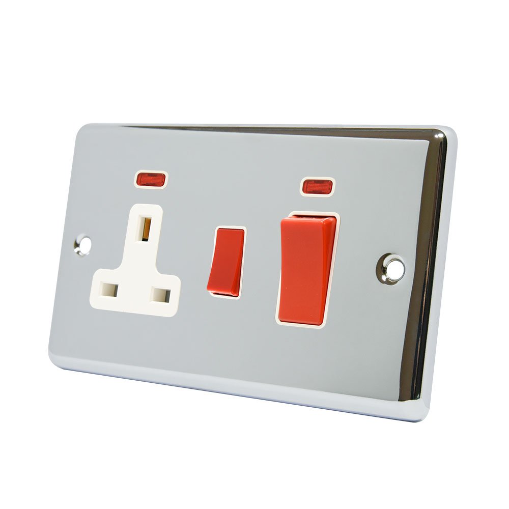 AET CPCCC2NWH 2-Gang 45 A Classical Chrome Polished White Insert Cooker Switch with 13 A Switched Plug Socket and Neon Indicators