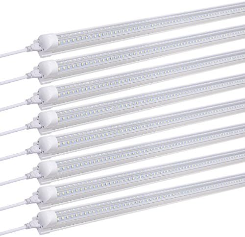 Byingo 2-Row T8 LED Integrated Single Fixture 4ft Tube Bulb Shop Light Garage Light V-Shape 36W 4300 Lumens Super Bright Clear Cover 6000K Daylight White AC 100-277V, 8-Pack