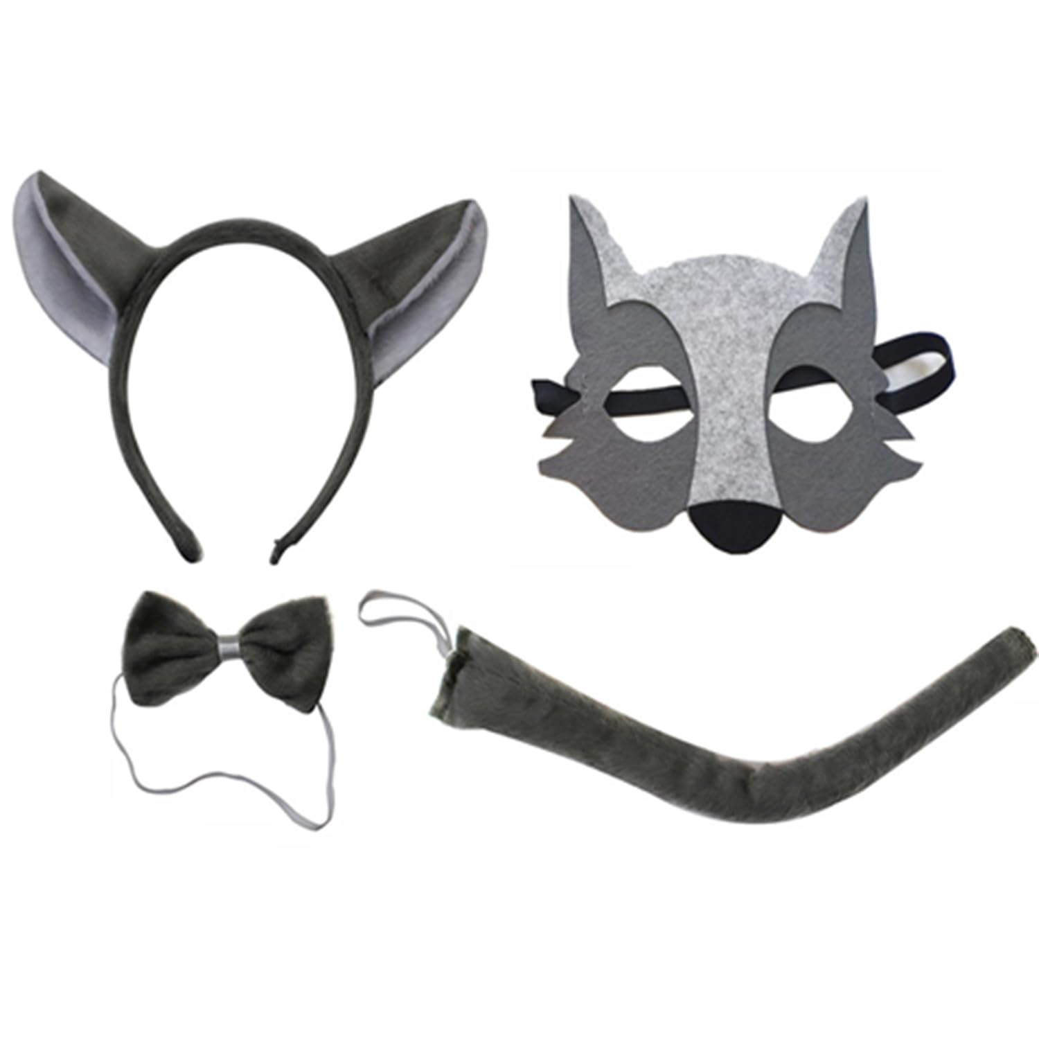 JNAWA 4Pcs Halloween Fluffy Wolf Set For Adult Hairband Bow Tie Tail Felt Mask Performance Props Animal Headdress Cartoon Felt Eye Mask Party Performance