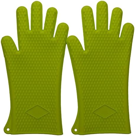 Silicone Barbecue Gloves for Maximum Heat Resistance. Professional Quality Cooking Gloves for BBQ, Grill, Kitchen and Camp Fire. Replaces Hot Pads, Pot Holders, Oven Mitts,1 pair (Green)