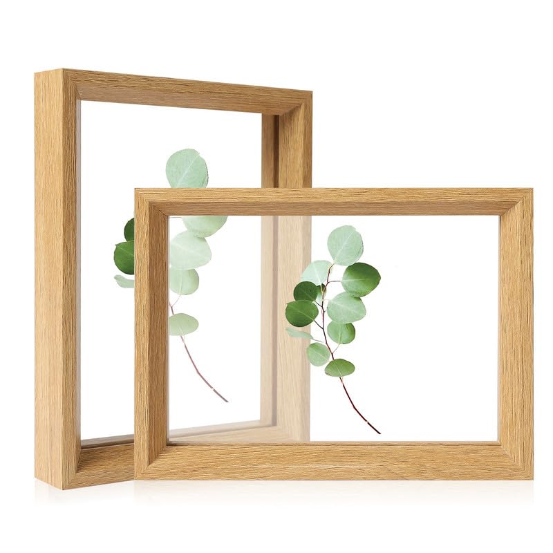 Floating Photo Frame Double Sided Acrylic Transparent Photo Frames for Plant Specimen DIY Picture Frame for Home Decoration, 2 Pack-4x6 Oak Wood Textured Poster Display Photo Frame