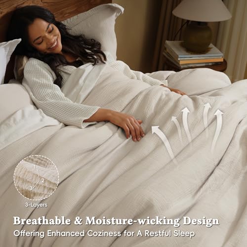 David's Home Cotton Muslin Comforter Set Queen Size, 100% Cotton Cover Ultra-Soft Breathable Lightweight Skin-Friendly for Spring Summer, 3PCS Linen Like Gauze Bedding with Polyester Filling, Natural