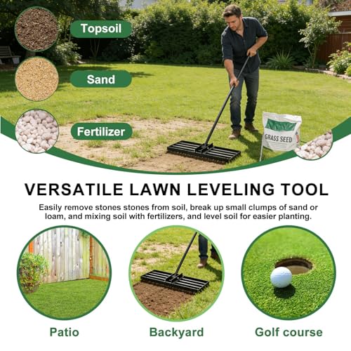 Lawn Levelling Rake uk with 200cm Long Handle, 75x25cm Leveling Base Ergonomic Effort Saving Garden Lawn Level Tool, Landscape Rake Soil Sand Dirt Ground Leveler Tool for Patio Yard Garden Golf Course