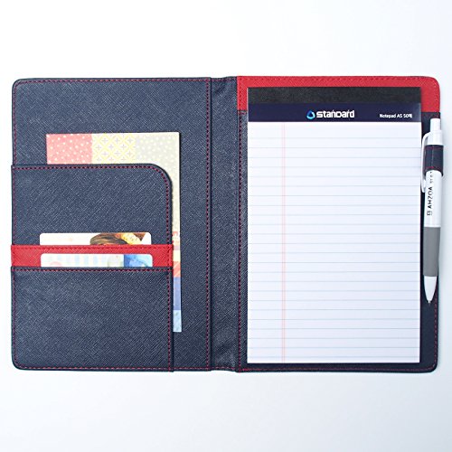 AHZOA 3 Pockets A5 Size Memo Padfolio S7 with Mechanical Pencil , Including 5 X 8 Inch Legal Writing Pad, Synthetic Leather Handmade 6.3 X 8.78 Inch Notepad Clipboard Holder (navy)
