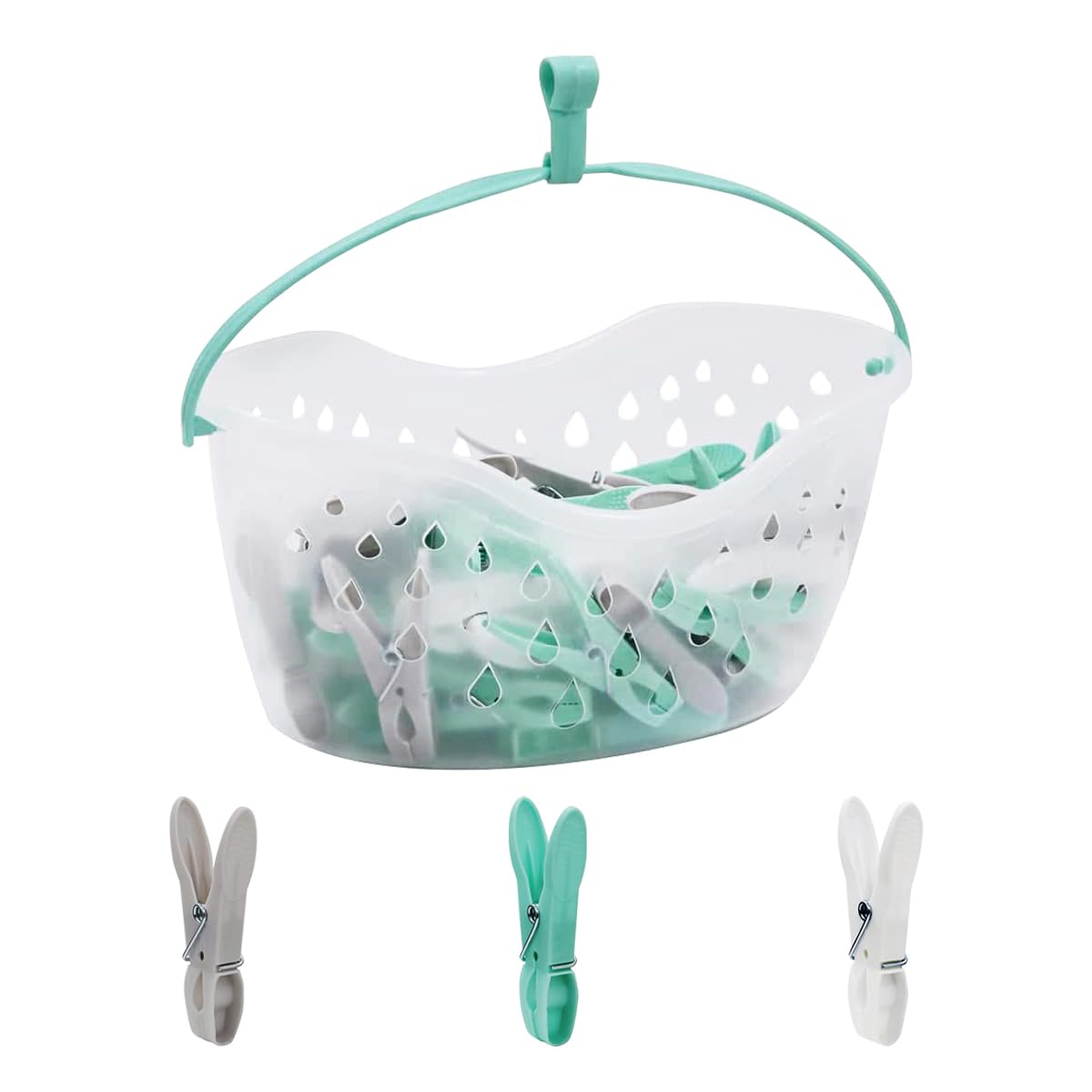Flatro 36 Pegs for Washing Line with Hanging Basket | Heavy Duty Clothes Pegs Basket with Drainage Holes | Plastic Washing Pegs Basket for Rotary Line with a Hook on the Handle