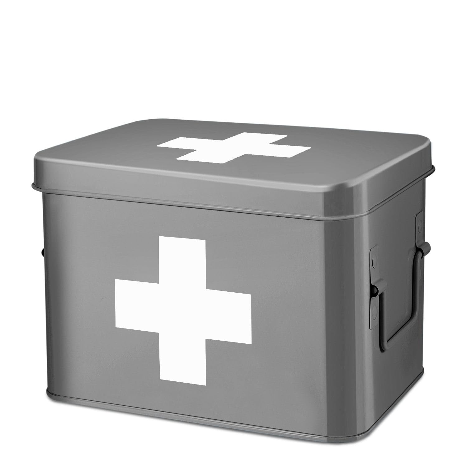 Flexzion Classic 8.5 Inch Gray Vintage First Aid Kit Tin Metal Medical Box First Aid Storage Box Container Bins with Dividers, Removable Tray and Cross Logo