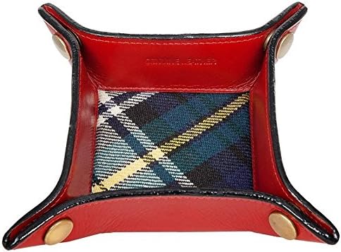 Gents Ladies Red Leather Valet Coin Jewellery Tray with Genuine Tartan Lining (Small)