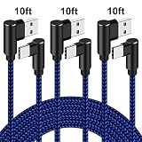 Type C Cable Fast Charging Cable 10ft 90 Degree USB C Charger Cable 3 Pack Nylon Braided Data Transfer Fast Charge Cord for Samsung Galaxy S9 S8 Plus, Note 9 8, Moto Z Z2,Nexus 6P/5X(Blue Black, 10ft)