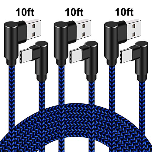 Type C Cable Fast Charging Cable 10ft 90 Degree USB C Charger Cable 3 Pack Nylon Braided Data Transfer Fast Charge Cord for Samsung Galaxy S9 S8 Plus, Note 9 8, Moto Z Z2,Nexus 6P/5X(Blue Black, 10ft)