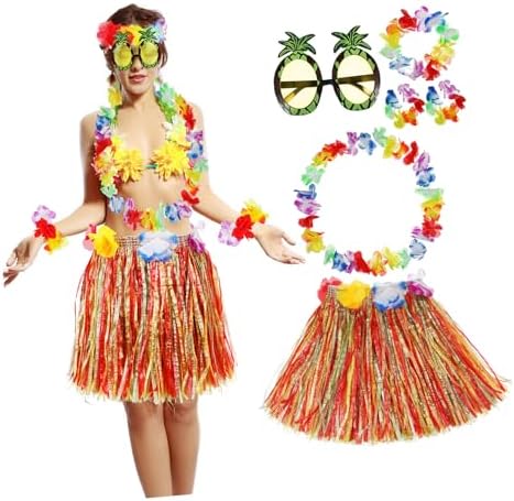 Set De 8 Piezas Hawaiano – Falda De Hierba, Gafas De Piña Y Flores Para Fiestas Tropicales