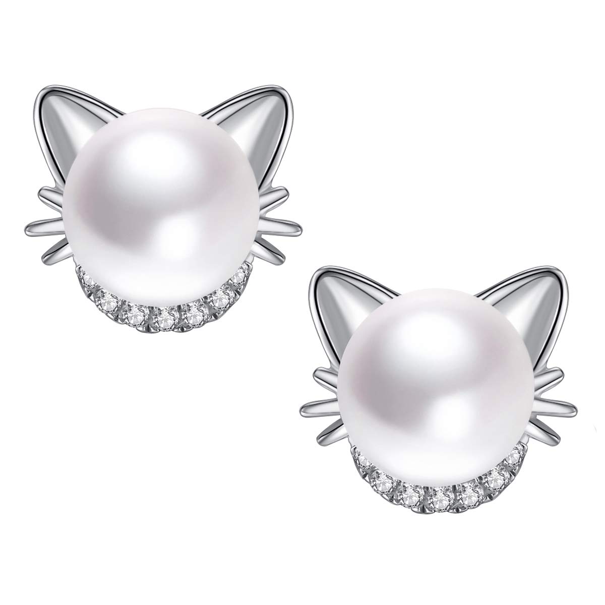 Cat Cute Sterling Silver with Crystal Zircon and AAA Cultured Freshwater Pearl Stud Earrings for Girls Kids