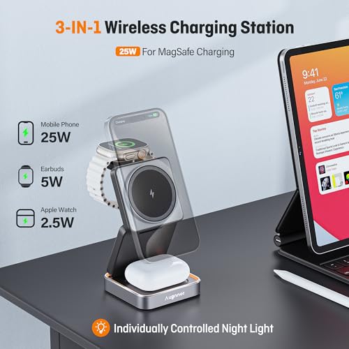 25W Charging Dock, Foldable Induction Charger 3 in 1, Wireless Charger Compatible with Magsafe and Night Light for iPhone 17/16/15/14/13/12 Series, AirPods, Apple Watch with 45W Charger