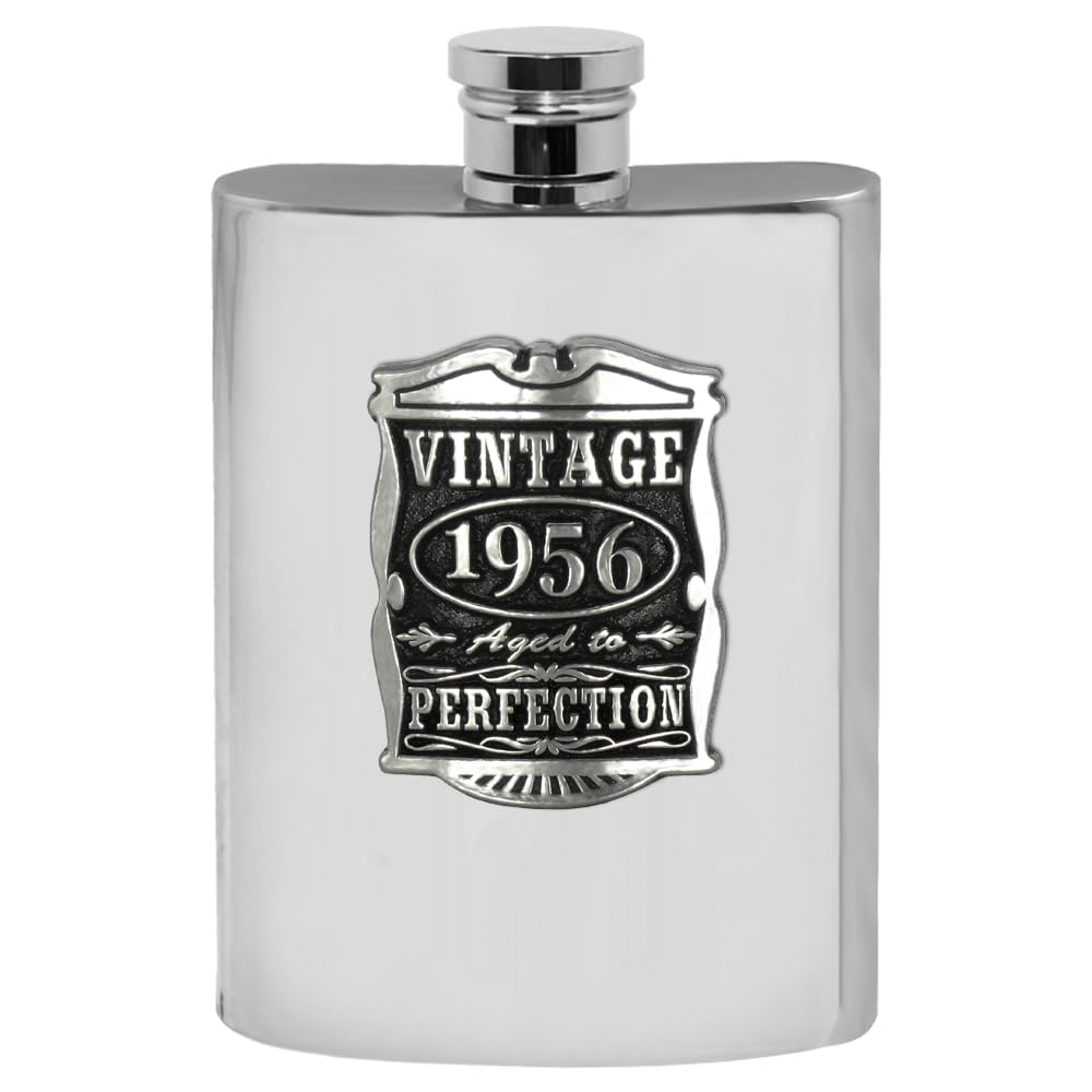 English Pewter Company Vintage Years 1956 70th Birthday or Anniversary Pewter Hip Flask Gift Set [VIN015]