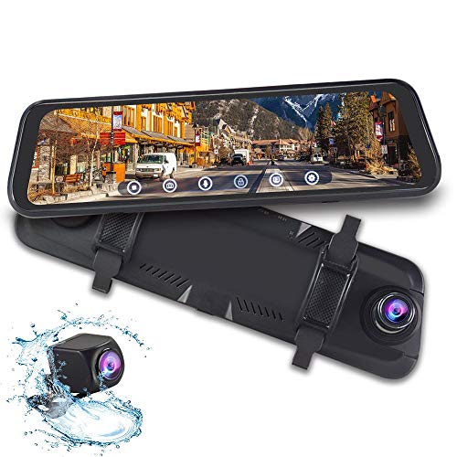 1080P 9.66" Full Touch IPS Screen Car DVR Stream Media Rear-View Mirror Monitor with Front and Rear Double Recorder HD Camera Waterproof Night Vision&GPS Tracking