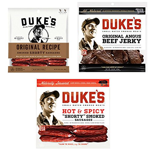 Dukes Meats Bundle Featuring a Bag Each of Dukes Angus Beef Jerky, Dukes Hot & Spicy Sausages and Dukes Original Recipe Sausages