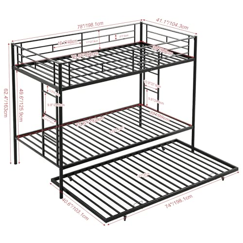 VirtuSync 200 x 105 cm Litera Individual con Cama Nido, Cama Triple para Adolescentes, Estructura Metálica Fuerte con Barandal Alto